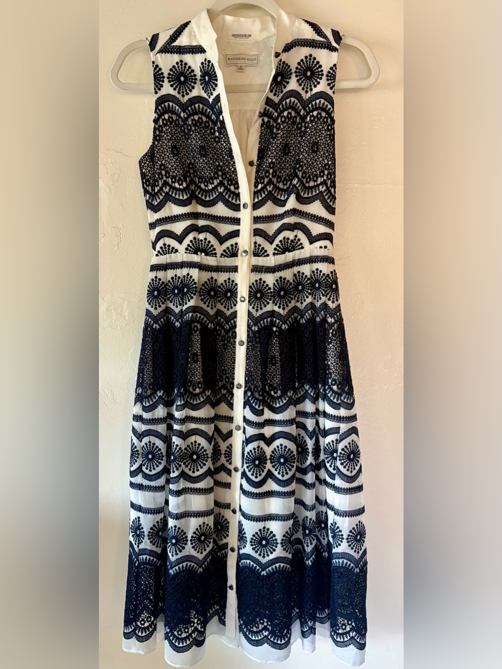 Katherine Kelly Crochet Embroidered Lace Midi Dress Navy Ivory Size 0